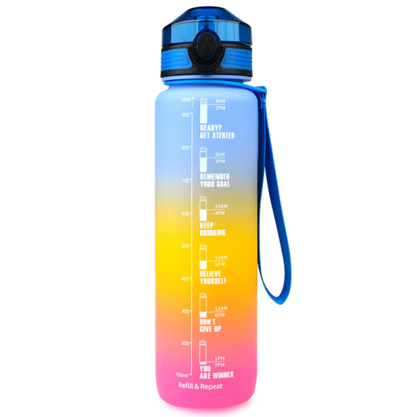 1 liter Stor Vattenflaska med Tidsmarkör Vatten Flaska Flip Lock Sportflaska Lila-Blå Purple-Blue