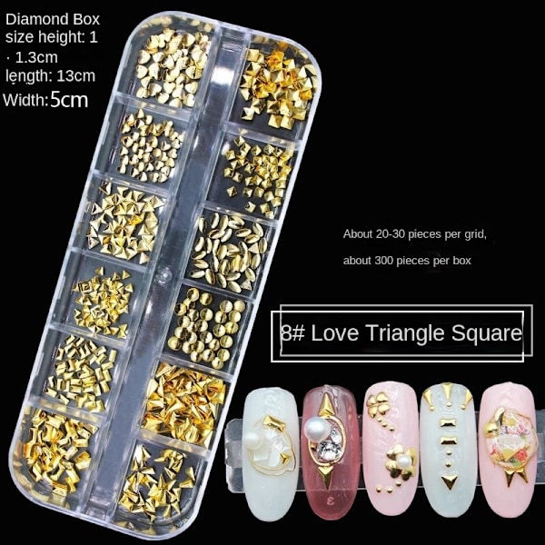 Nageldekorationer för Nail Art 12 Grid Large Box Nail Rivet Metallmaterial Paljetter 12# hollow silver Rivet 8# Love Triangle Square