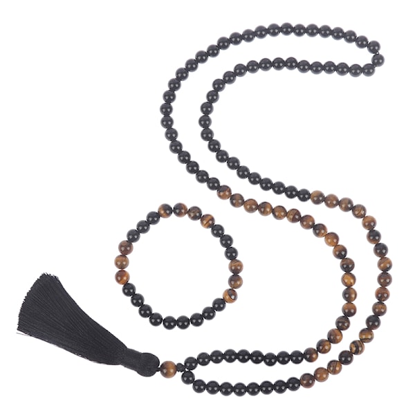 svart onyx &amp; träpärlstav mala buddha tofs halsband ros B set