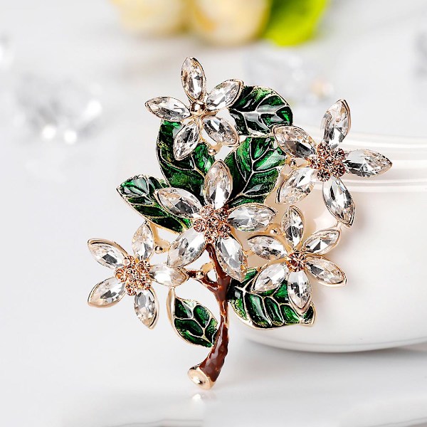 Kvinnors blomma gröna blad Strass Brosch Pin