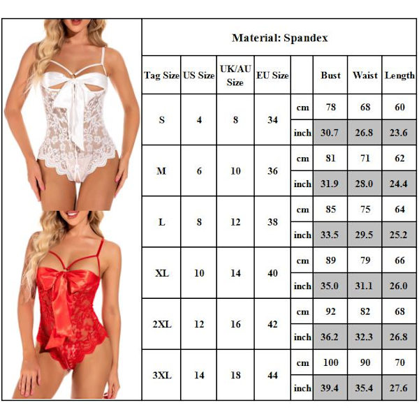 Dam Sexig Spets Bow Sling Öppen Jumpsuit Sexiga Underkläder Nattkläder Red S White XL