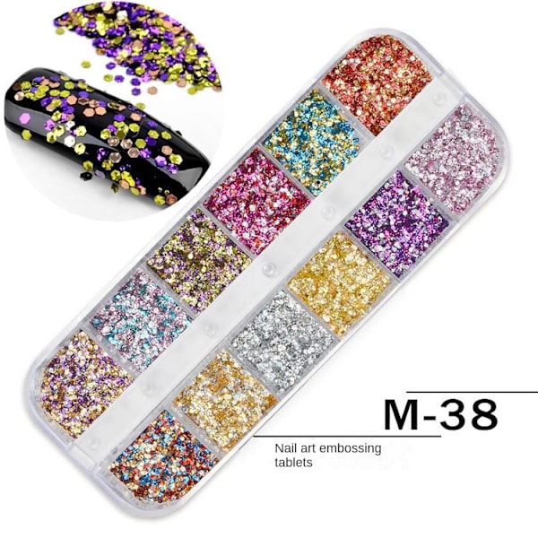 Nageldekorationer för nail art USA skimrande pulverpaljetter 12-rutnätsremsa Färgglad pärlskal M34 M38
