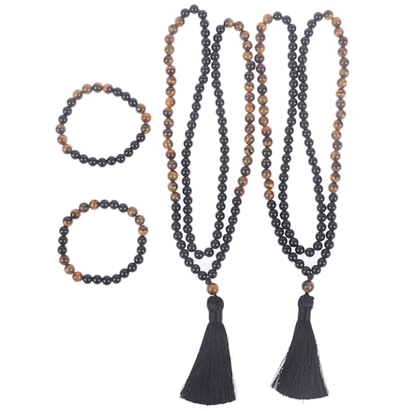 svart onyx &amp; träpärlstav mala buddha tofs halsband ros B set