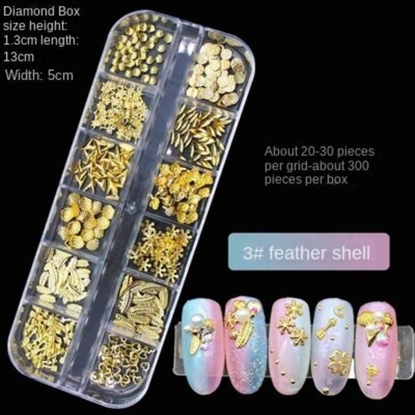 Nageldekorationer för Nail Art 12 Grid Large Box Nail Rivet Metallmaterial Paljetter 12# hollow silver Rivet 3# feather shell