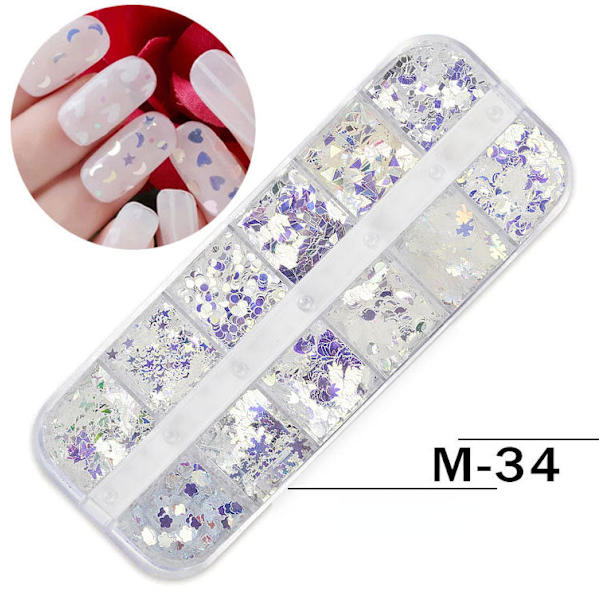 Nageldekorationer för nail art USA skimrande pulverpaljetter 12-rutnätsremsa Färgglad pärlskal M34 M40