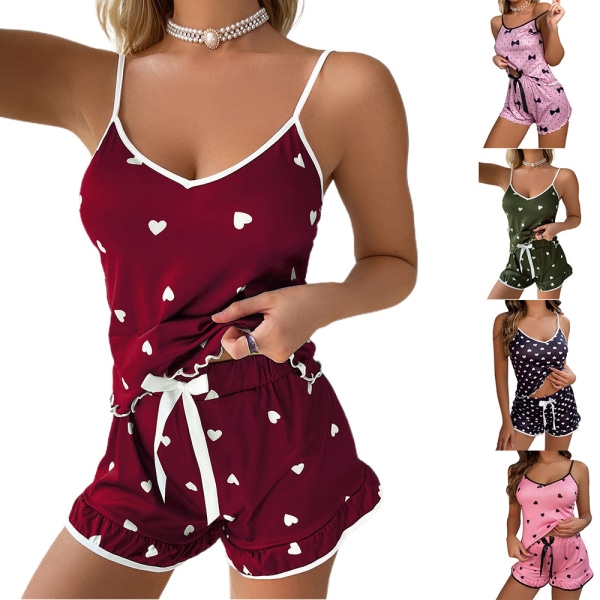 Printed väst Cami Sovkläder Pyjamas Underkläder Shorts Set Burgundy S Burgundy L