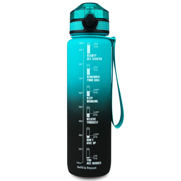1 liter Stor Vattenflaska med Tidsmarkör Vatten Flaska Flip Lock Sportflaska Lila-Blå Purple-Blue