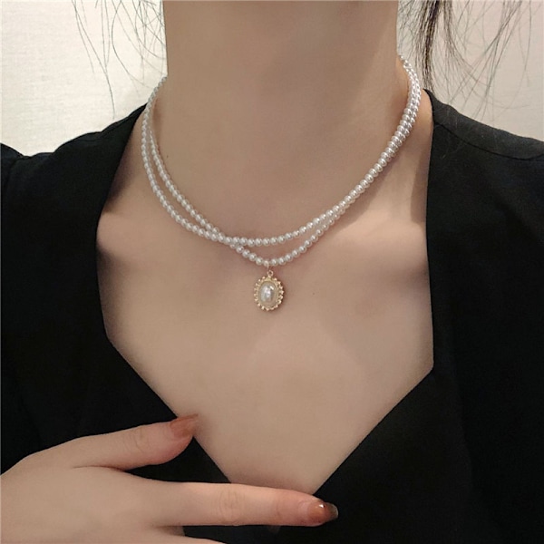 Kvinnors imitation White Pearl Choker Halsband dubbelt lager
