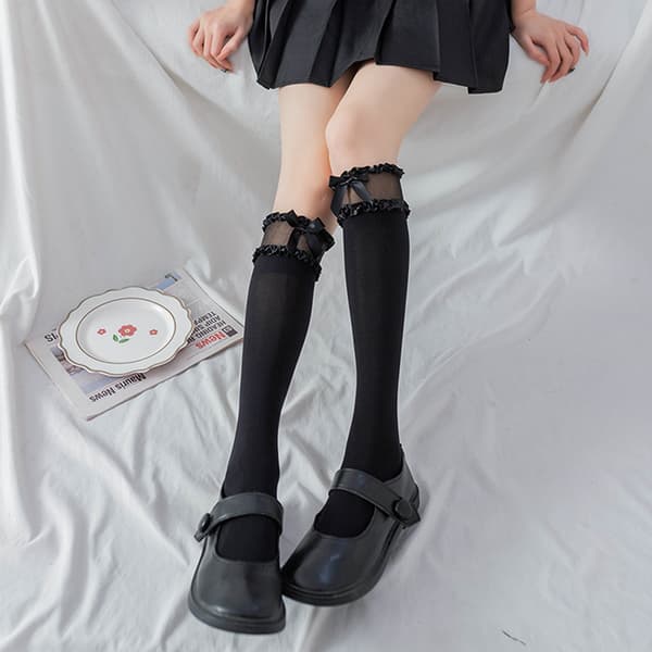Lolita Socks Bow e Long Knee Socks Style Bomullsstrumpor Cosplay White