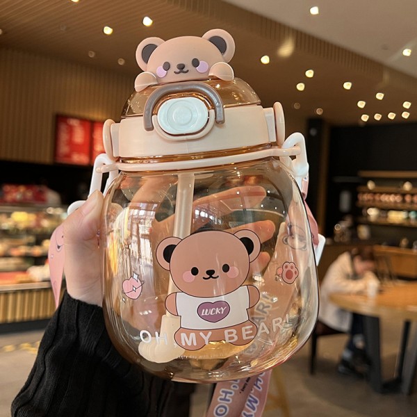 1,3L Bärbar Kawaii Bear Cup tumlare med sugrör rosa White