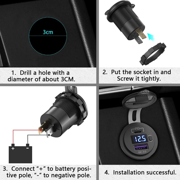 USB Typ C bil USB laddaruttag, 12V/24V dubbelt USB uttag svart med blått ljus med 60cm tråd black with blue light