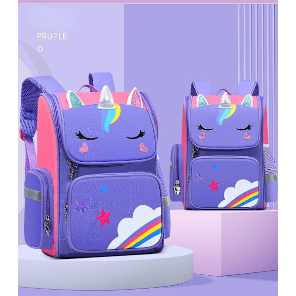 Söt student skolryggsäck Cartoon Unicorn Bagpack Bule Large