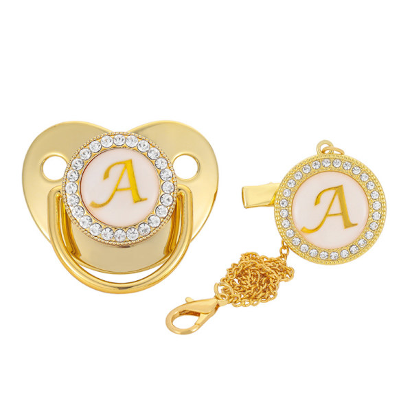 Luxury Gold Initial Letter A Bling Baby Napp med Chain Cli M A