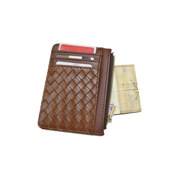 Mode PU Läder Vävd Dragkedja Plånböcker Kort Tunna Casual Card Brun Brown