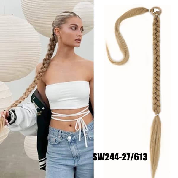 Lång flätad hästsvans med hårband förlängd 80 cm beige
