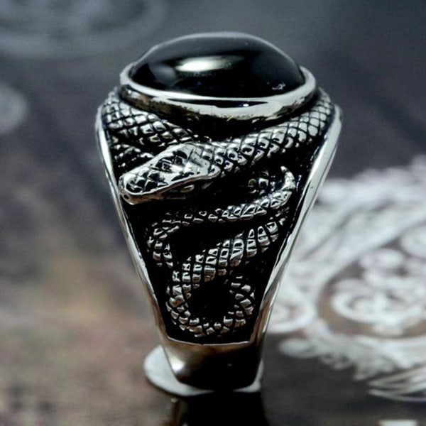 Reptilorm Ring för män, Black Gem Snake Band Ring 9