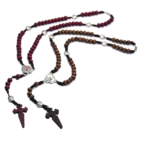 Mode pärlor Rosenkrans kors halsband Jungfru Maria hänge Vinröd Wine red