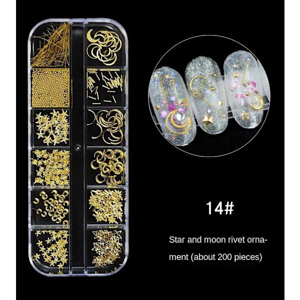Nageldekorationer för Nail Art 12 Grid Large Box Nail Rivet Metallmaterial Paljetter 12# hollow silver Rivet 14# star and moon rivet ornament