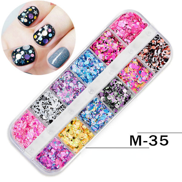 Nageldekorationer för nail art USA skimrande pulverpaljetter 12-rutnätsremsa Färgglad pärlskal M34 M39