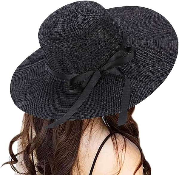 Stråhatt för damer, sommarbowknot, hopfällbara hattar, solhatt (svart)