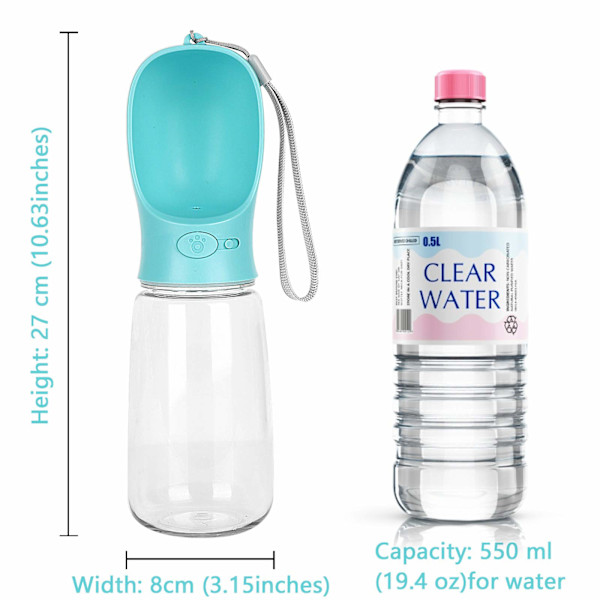 Hundvattenflaska, läcksäker bärbar vattendispenser, 550 ml (blå)