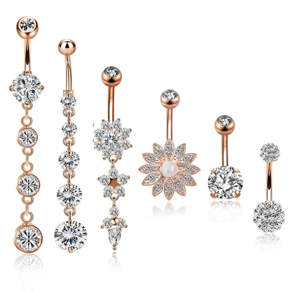 6 st 14G Navelpiercingar i rostfritt stål med kristall, silverfärgade Rose Gold