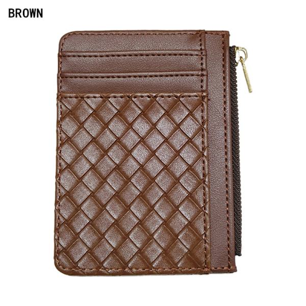 Mode PU Läder Vävd Dragkedja Plånböcker Kort Tunna Casual Card Brun Brown