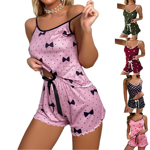 Printed väst Cami Sovkläder Pyjamas Underkläder Shorts Set Burgundy S purple L