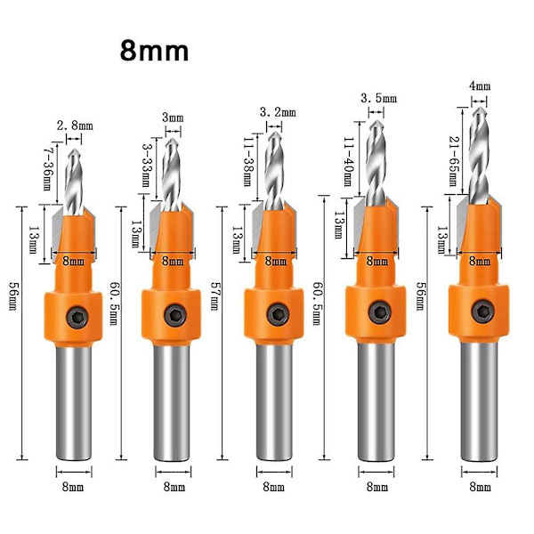 Set, 5 försänkta hål, HSS försänkta hål (8 mm)