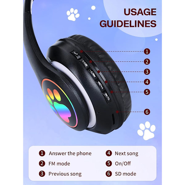 Cat Ear LED Light Up hopfällbara Bluetooth hörlurar för barn