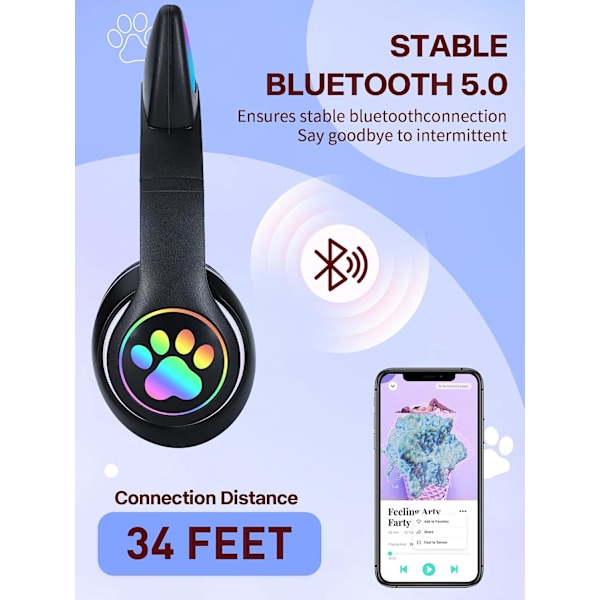 Cat Ear LED Light Up hopfällbara Bluetooth hörlurar för barn