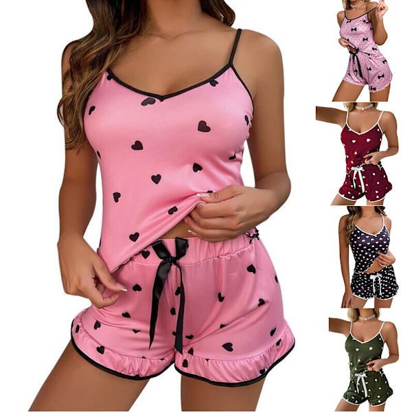 Printed väst Cami Sovkläder Pyjamas Underkläder Shorts Set Burgundy S Pink L