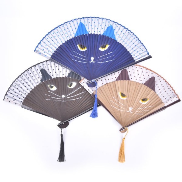 Cat Cartoon Silk Japan Style Hand Fans Handheld Folding Fans Black Brown