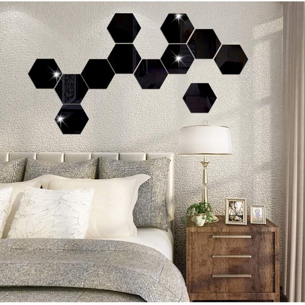 36:a Spegelväggdekor Akryl Hexagon Spegel Väggdekor svart