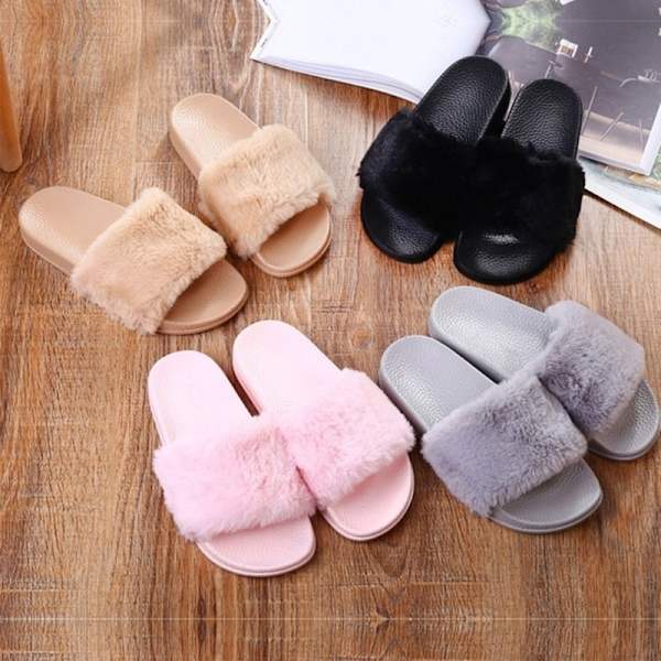 Kvinnor plysch toffel fluffig päls flip flop svart 38