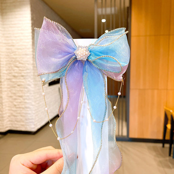 Barnhåraccessoarer Flickor Ribbon Bowknot Princess Hairpin 5# Pearl Blue Purple Bow