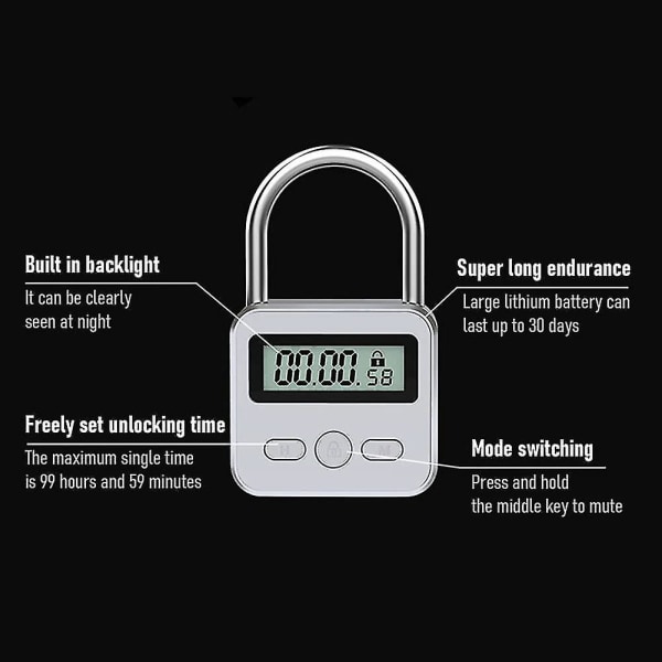 Timerlås med lcd-skärm, uppladdningsbar USB , vuxenspel, elektronisk timer silver