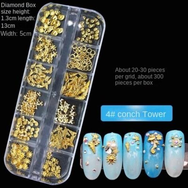 Nageldekorationer för Nail Art 12 Grid Large Box Nail Rivet Metallmaterial Paljetter 12# hollow silver Rivet 4# conch Tower