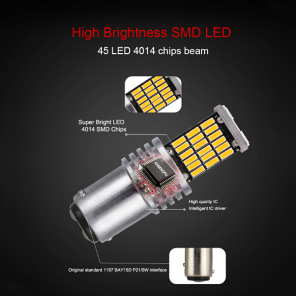2:a 1157 LED Canbus P21W/5W Bay15d 45 LED-lampa Gul Yellow