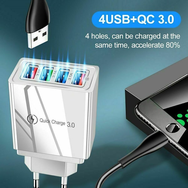 Adapter Laddare USB 4 Portar Sektor Qualcomm Quick Charge Vit