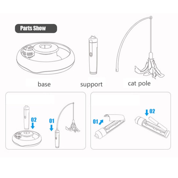 Elektrisk kattpinne och torn Automatisk roterande kattleksak vit+blå med 2 fjädrar with 2 feathers