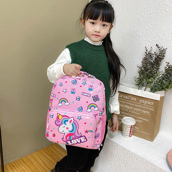 Cartoon Kids Unicorn Canvas Ryggsäck Skolväska Mode för Sta Vinröd