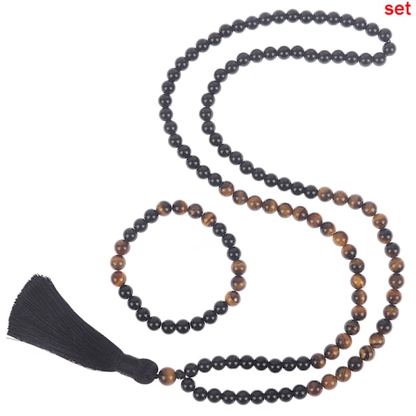 svart onyx &amp; träpärlstav mala buddha tofs halsband ros B set
