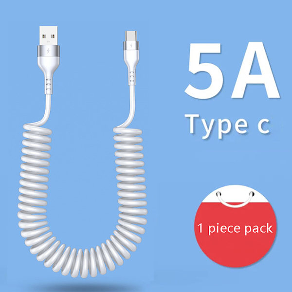 66W 5A Snabbladdning Typ C Kabel Mikrofjäder Billaddningshytt Vit one size