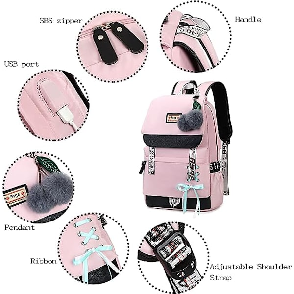 Flickryggsäck Skolväskor Nylon Vattentät (Rosa)