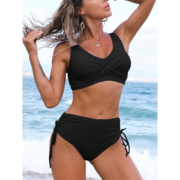 Tvådelad baddräkt för kvinnor vadderad hög midja badkläder Bikini Set Black,L Black,S