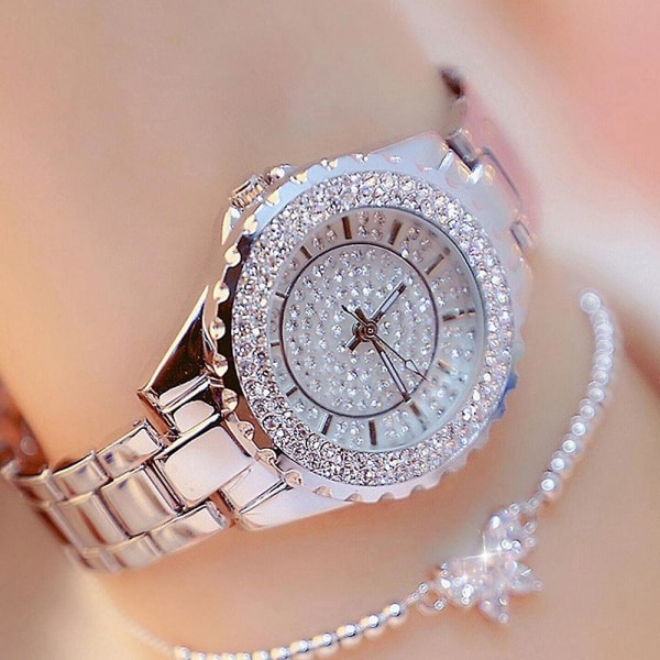 Quartz watch set med hel diamant rosett och pärlor armband silver