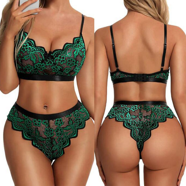 Kvinnor BH och Trosor Set, Spets Underkläder Set Tvådelade underkläder vinröd M green 2XL