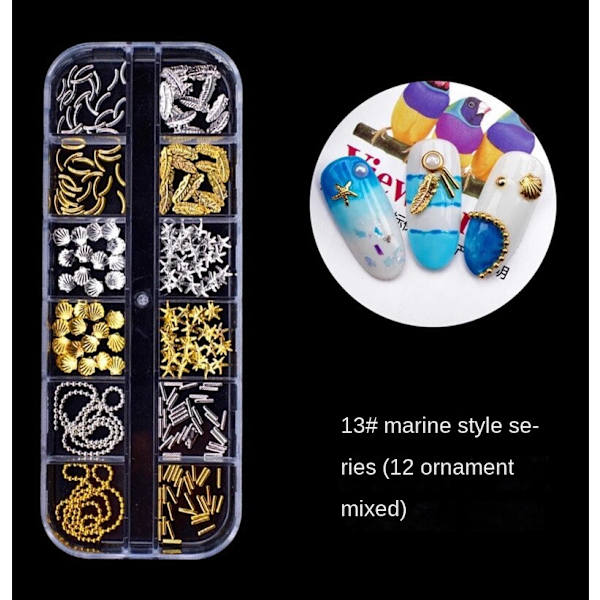 Nageldekorationer för Nail Art 12 Grid Large Box Nail Rivet Metallmaterial Paljetter 12# hollow silver Rivet 13# ocean grid series