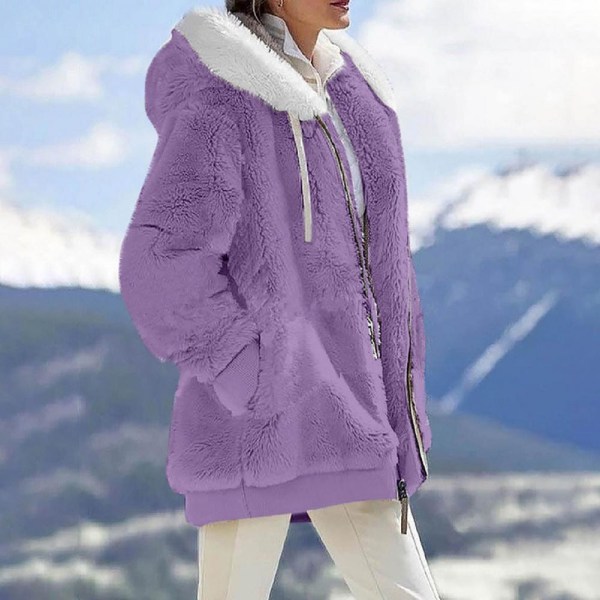 Dam Vinter varm fuskpälsjacka Dragkedja Plysch huva lila m purple 4xl